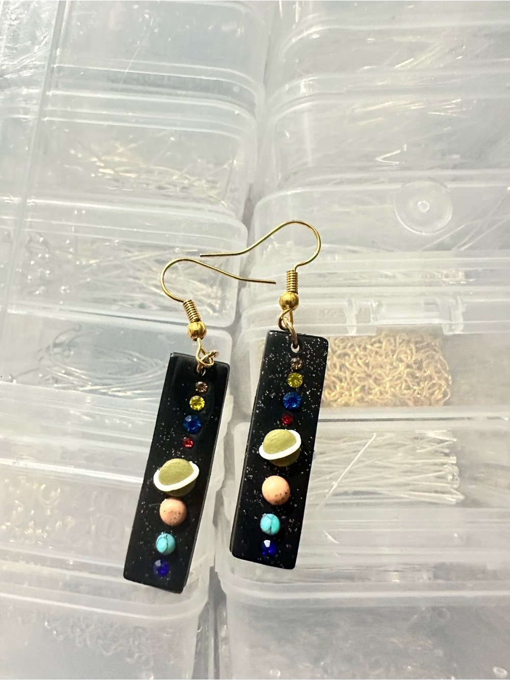 Handmade Black Rectangular Dangle Earrings with Multicolor Gem Accents